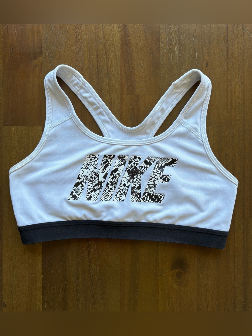 Nike Dri Fit  White Racerback Sports Bra Snake Print Logo | medium